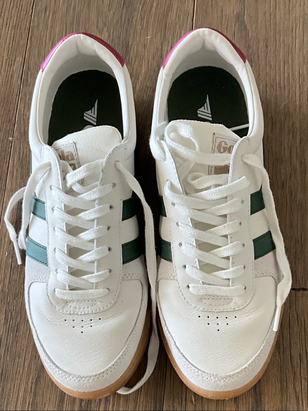 Gola White Leather Sneakers with Green Side Stripes and Pink Heel